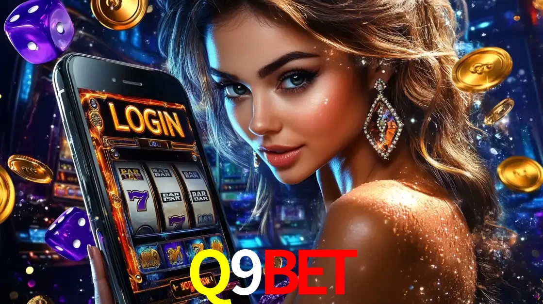 Mulher glamorosa segurando um smartphone com a tela de login para os jogos de caça-níqueis do cassino online Q9BET, com moedas de ouro e dados ao redor.